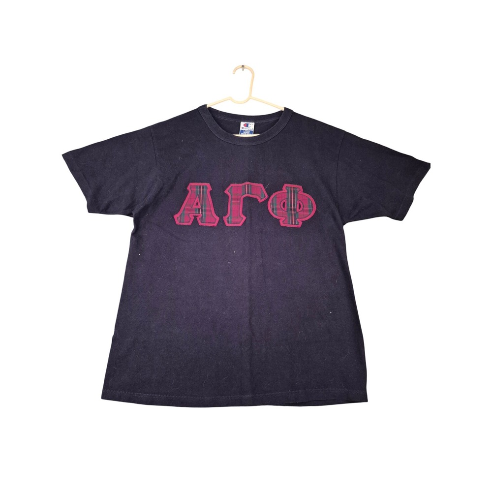 Vintage Champion Mens Alpha Gamma Phi Plaid Greek Letter T-Shirt Navy Large